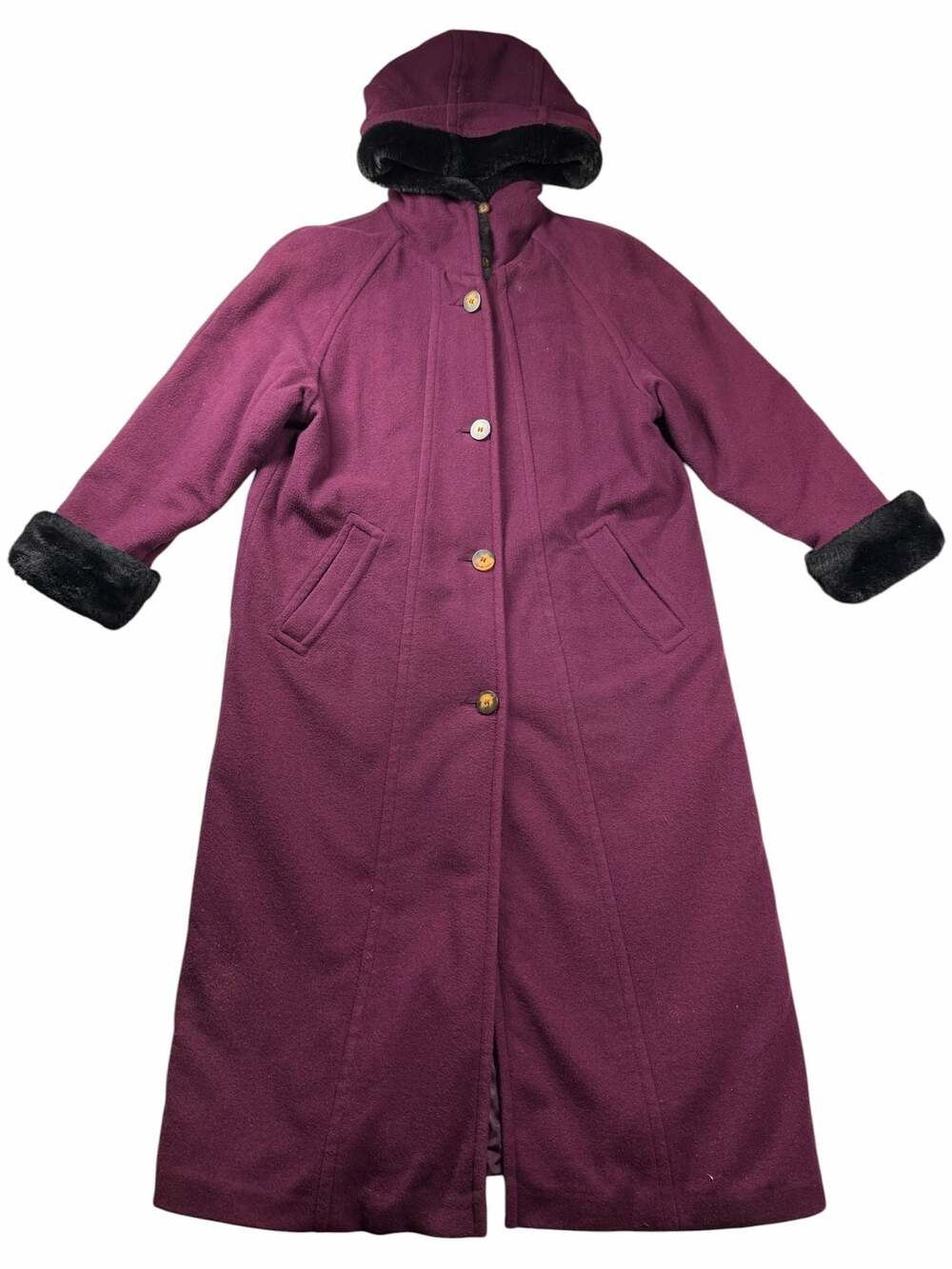 Vintage L.L.Bean Hooded Wool Blend Coat Plum Faux Fur Made USA Women’s Small